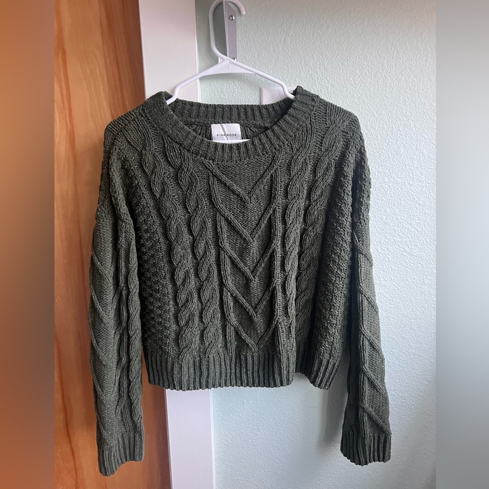 Dark Green Pink Rose Sweater